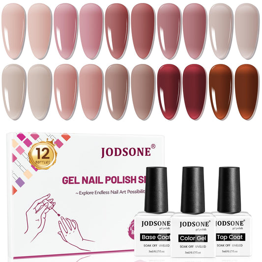 JODSONE 12PCS Gel Nail Polish Set 10 Translucent Jelly Colors Natural, Elegant & Long Lasting For Home & Salon Use