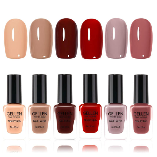 GELLEN Nail Polish Set, Nude Red Brown Quick Dry Traditional Regular Nail Polish Fall Winter 6 Colors Set for Fingernails Toe Nails Acrylic Natural Nails Home Salon, Non UV Gel, Hema Free, Non-toxic