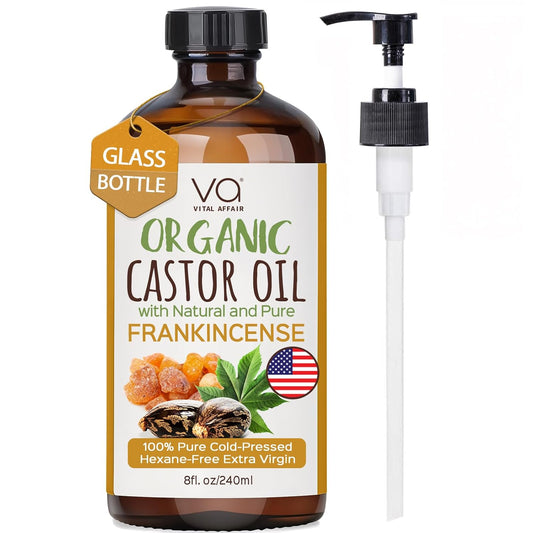 Organic Castor & Frankincense Oil Blend - 100% Pure and Natural, Cold Pressed, Unrefined Glass Bottle Castor and Frankincense Oil For Face & Hair Growth - 8oz