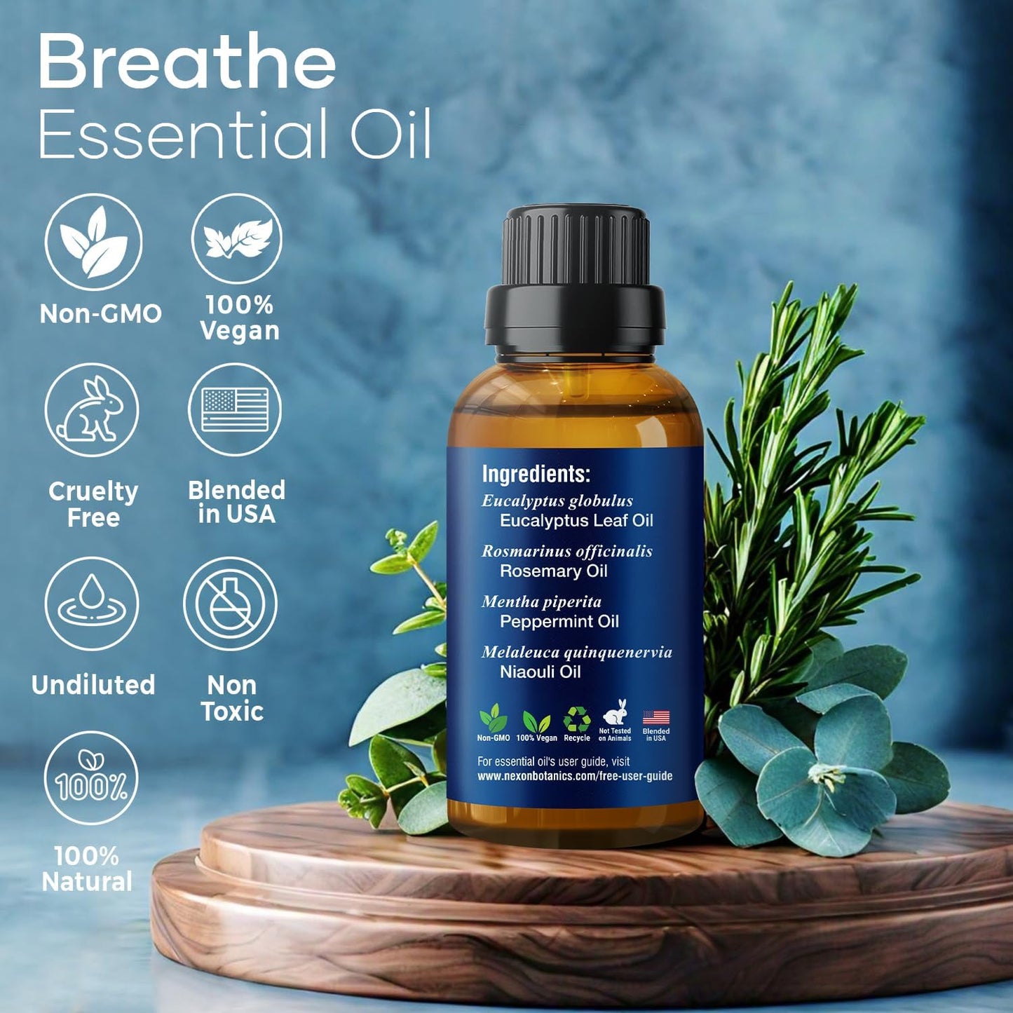 Breathe Essential Oil Blend 30 ml - Breath Sinus Relief with Menthol Oils - for Humidifiers, Diffusers, and Aromatherapy - Nexon Botanics