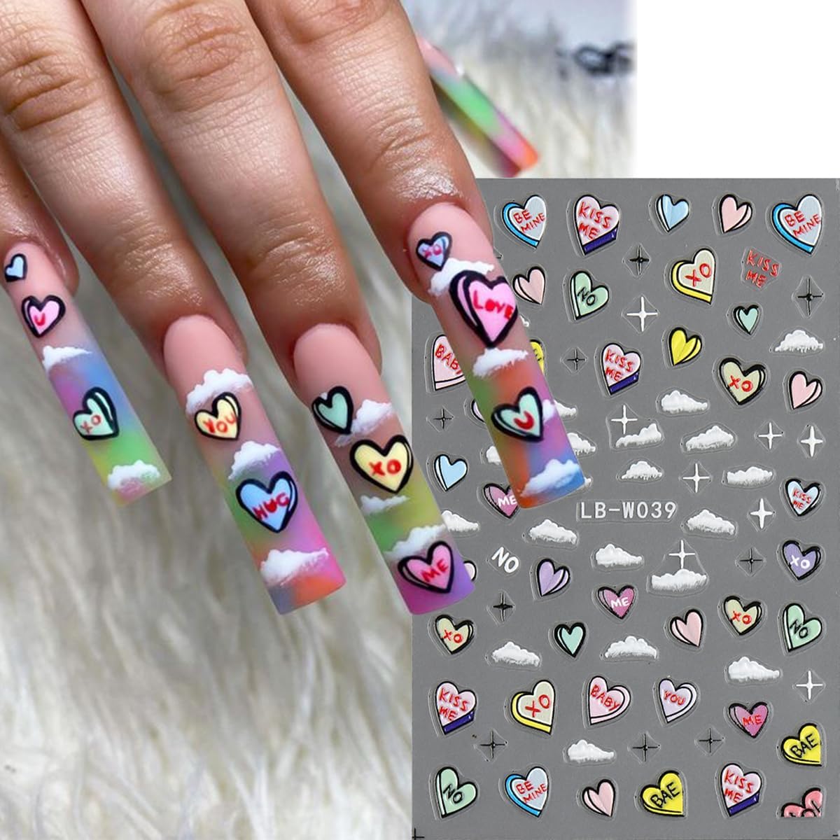 5D Embossed Bow Nail Stickers, 5 Sheets Self-Adhesive Pink White Ribbons Nail Decals, Valentines' Day Nail Art, Heart Nail Charms, Cute Cartoon Pop Art Stickers, Pegatinas para Uñas