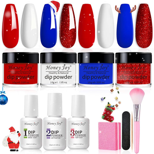Honey Joy Dip Powder Nail Kit Starter,4 Colors Red White and Blue Nails Fourth of July Firework Dipping Powder Liquid Set with Base Top Coat for Nail Art Manicure Salon DIY, Dip-7pcs-12