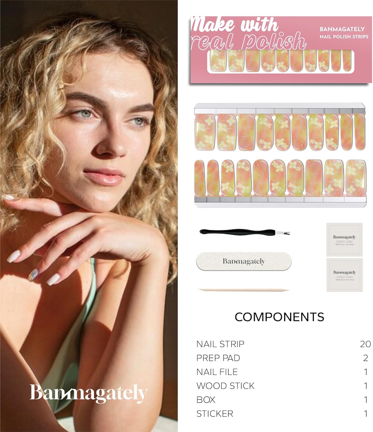 Nail Polish Strips, 20Pcs Salon Quality Gel Nail Stickers, Easy Long Lasting Wraps for Short Nails no UV Light Needed (Gradient White Flower)