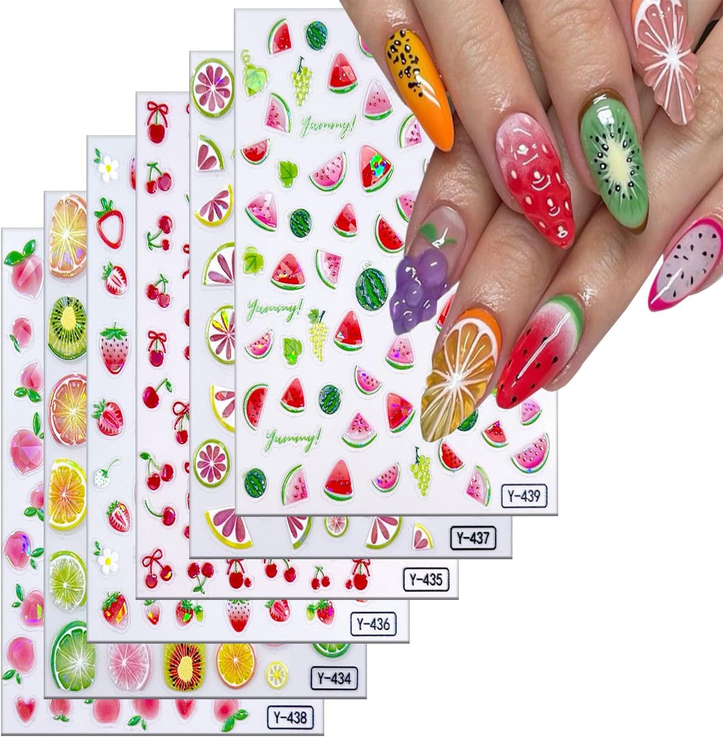 6Sheets Summer Fruit Nail Art Stickers 3D Self -Adhesive Cherry Strawberry Lemon Nail Decals Holographic Cute Peach Watermelon Nail Stickers Fruit Nail Decals Decoration for Women Manicure Supplies