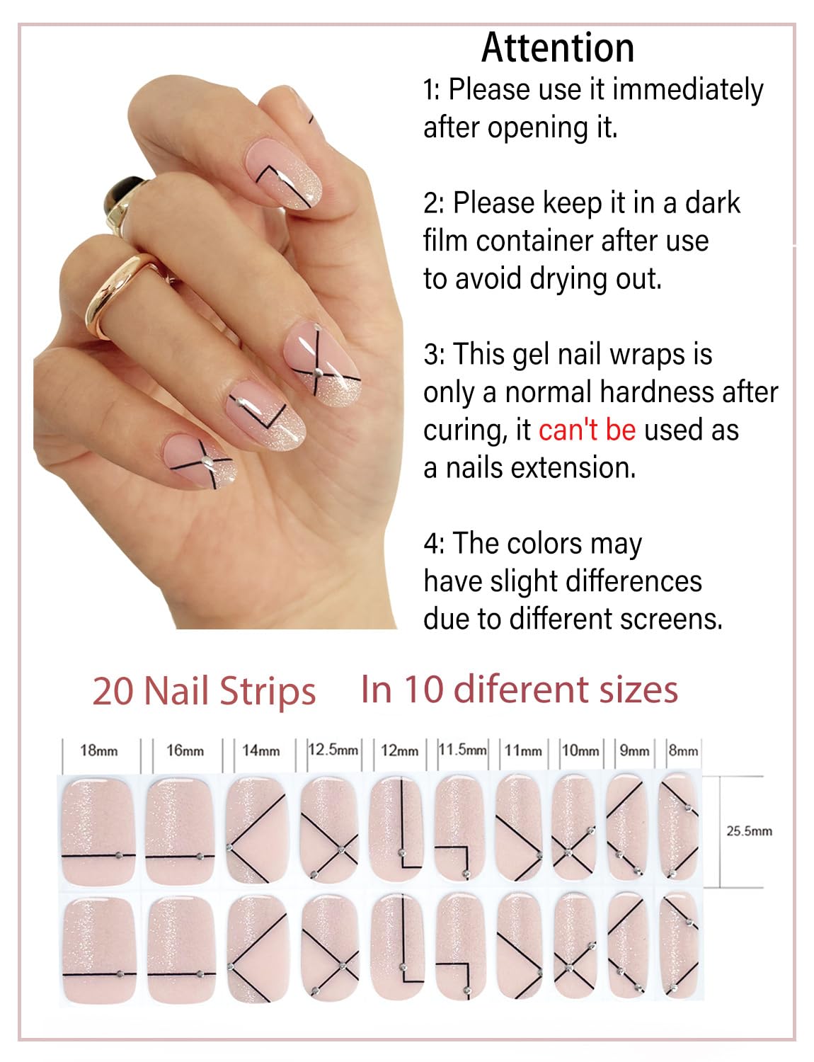 Semi Cured Gel Nail Strips, 20pcs Cat Eye, Lines, Gel Nail Stickers UV for Home Nails DIY