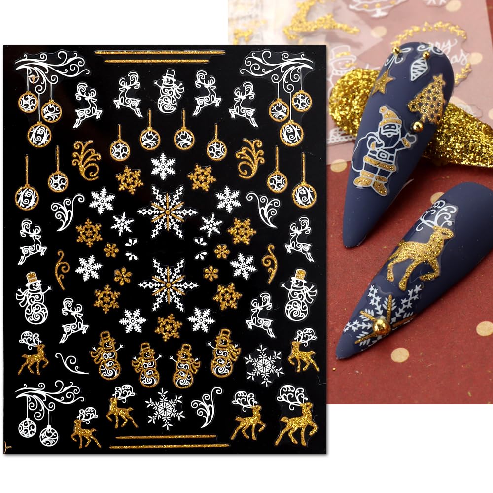 JMEOWIO 9 Sheets Christmas Nail Art Stickers Decals Self-Adhesive Pegatinas Uñas Bling Snowflake Snowman Holiday White Gold Nail Supplies Nail Art Design Decoration Accessories