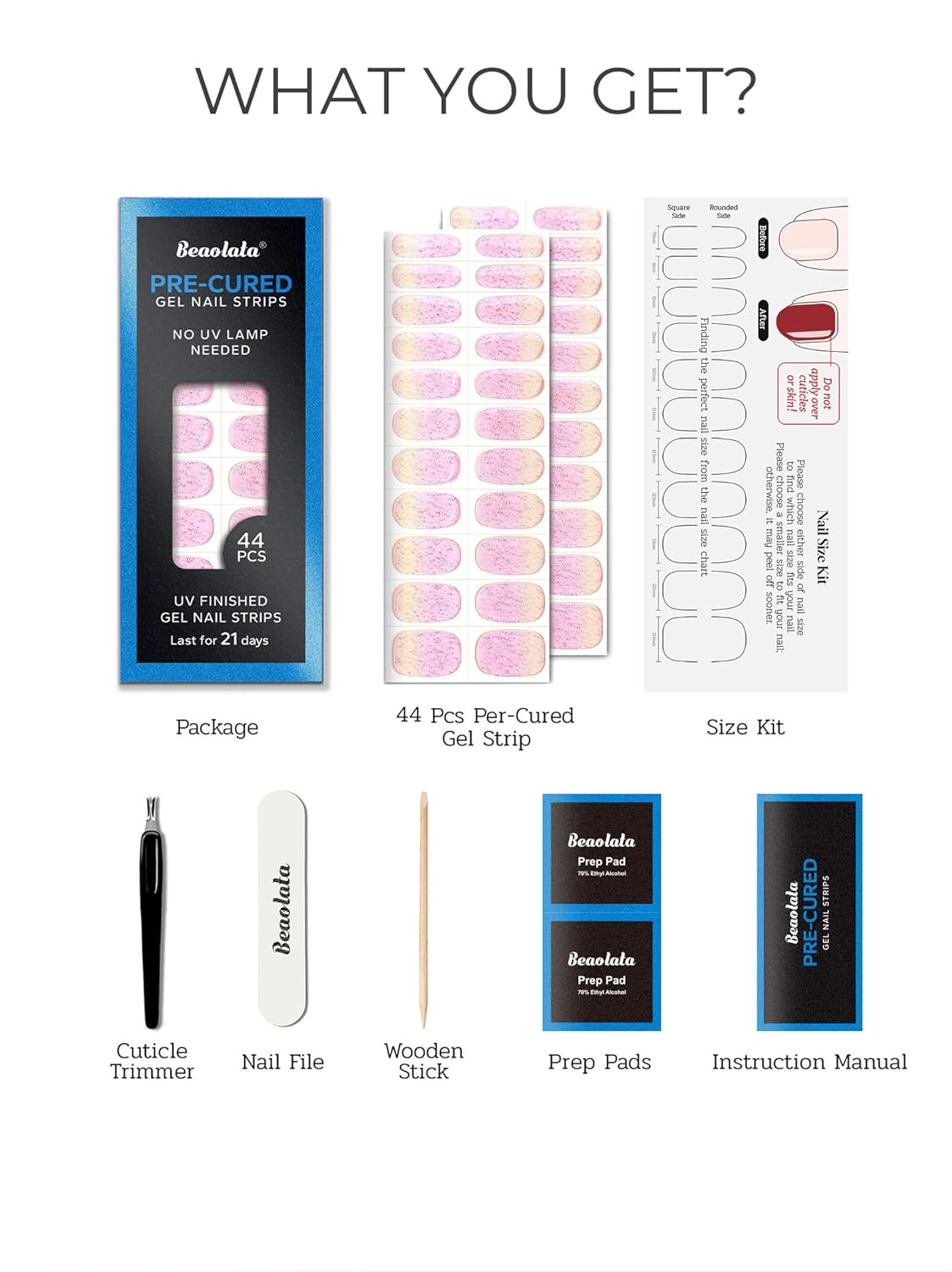 Pre Cured Gel Nail Strips - 44PCS Salon Quality Gel Nail Stickers - Long Lasting Polish Wraps for Women no UV Light Needed Easy Apply& Remove (PinkMuse)