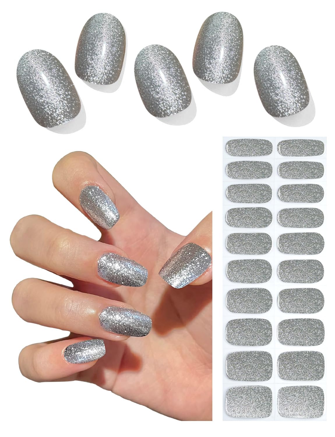 Semi Cured Gel Nail Strips, 20pcs Diamond Glitter Gel Nail Stickers UV for Home Nails DIY