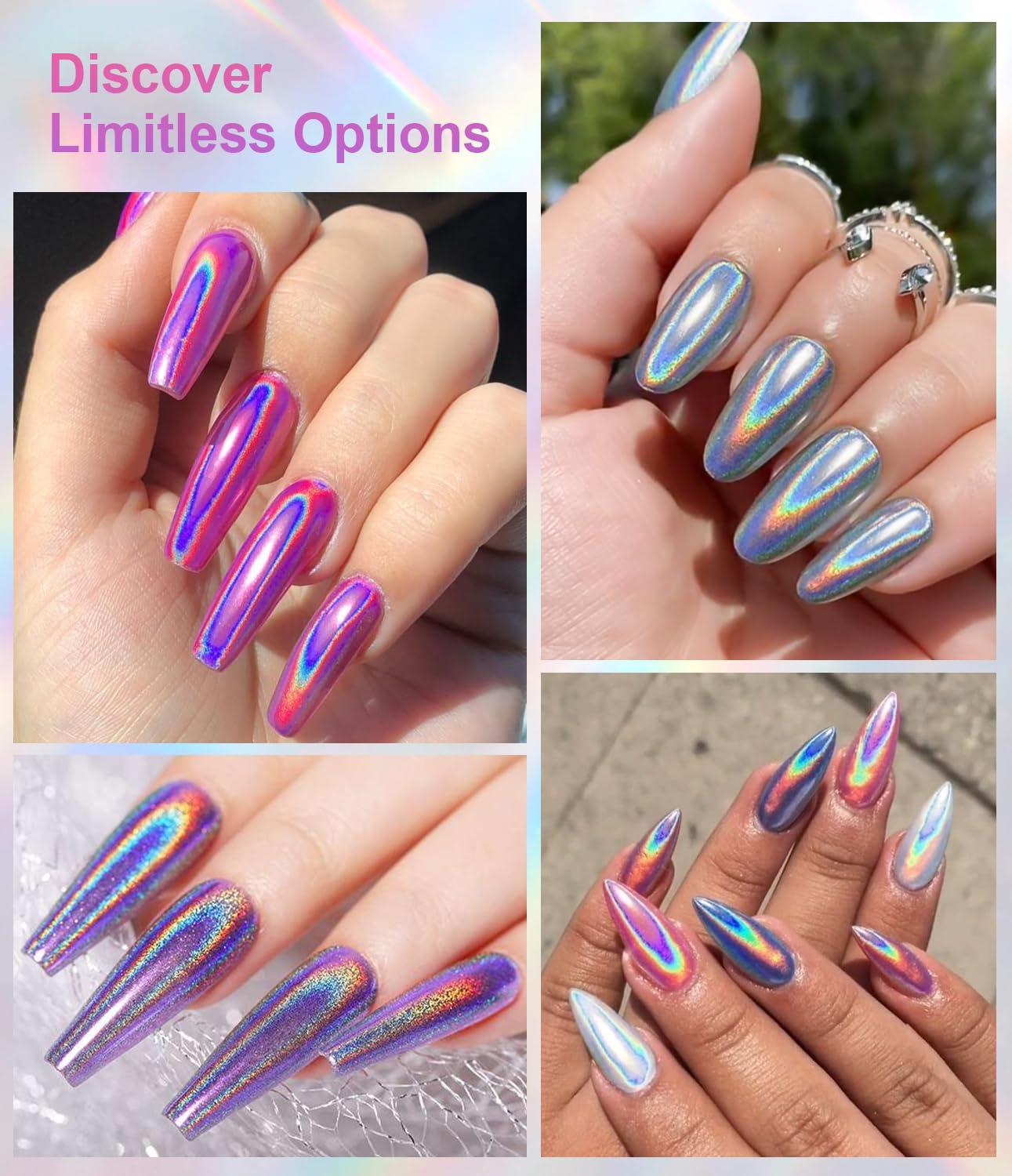 Magic Chrome Nail Powder: Iridescent Mirror Holographic Nail Powder,Metallic Pearl Effect Laser Chrome Nail Powde r for Salon Home Nai l Art DIY Design