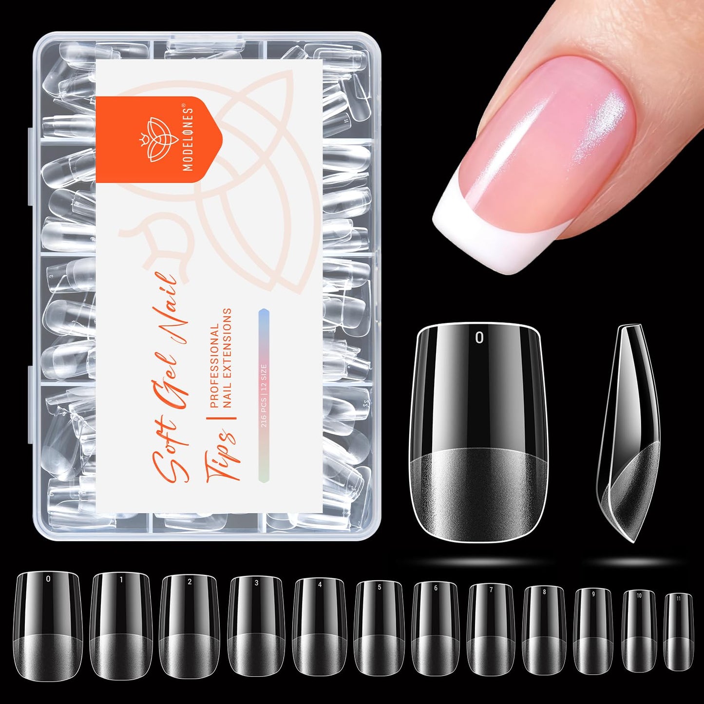 modelones Short Square Nail Tips, Pre-shaped Soft Gel Tips Fake Nails False Acrylic Clear Full Cover Press on Extension Gel Kit Manicure DIY at Home 216PCS 12Sizes
