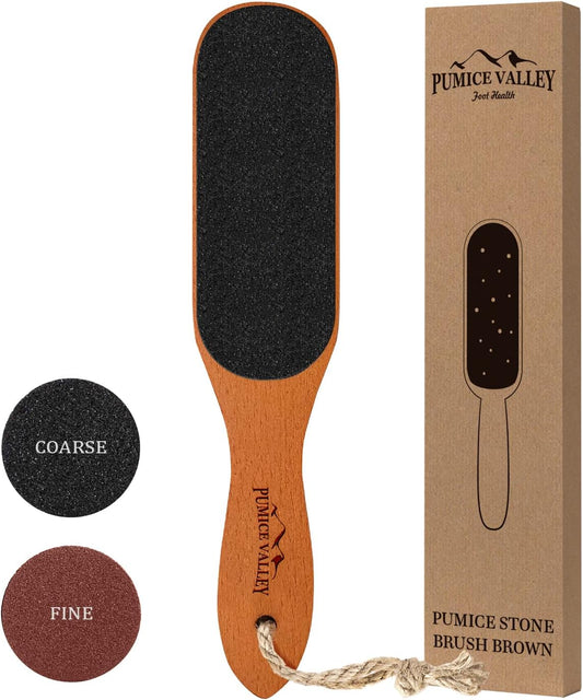 Pumice Stone Foot File - Wooden Pedicure Feet Scrubber with Handle for Callus, Dry, and Dead Skin Removal - Heel Scraper for Feet, Hands, and Body - Foot Filer for Use in Shower