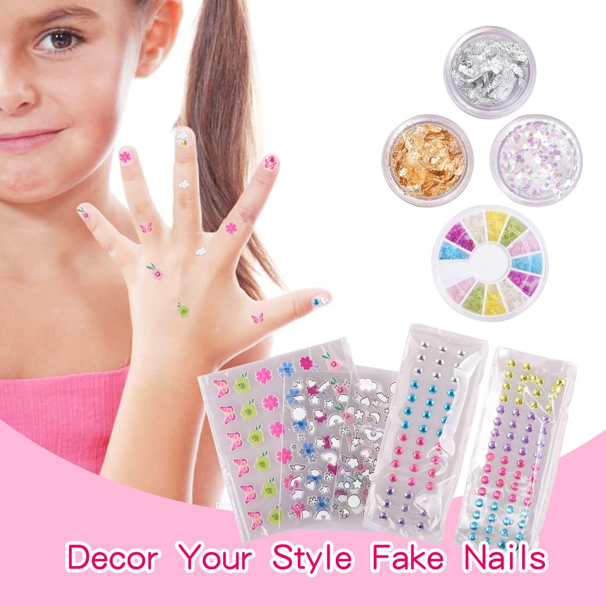 Nail Art Kit with Non-Toxic Nail Polish for Girls, 34Pcs Kids Nail Design Tool Set with Peel-off Nail Polishes, Dotting Pen, False Nail, DIY Sticker, Nail Decoration Gift for Girls Age 6-15