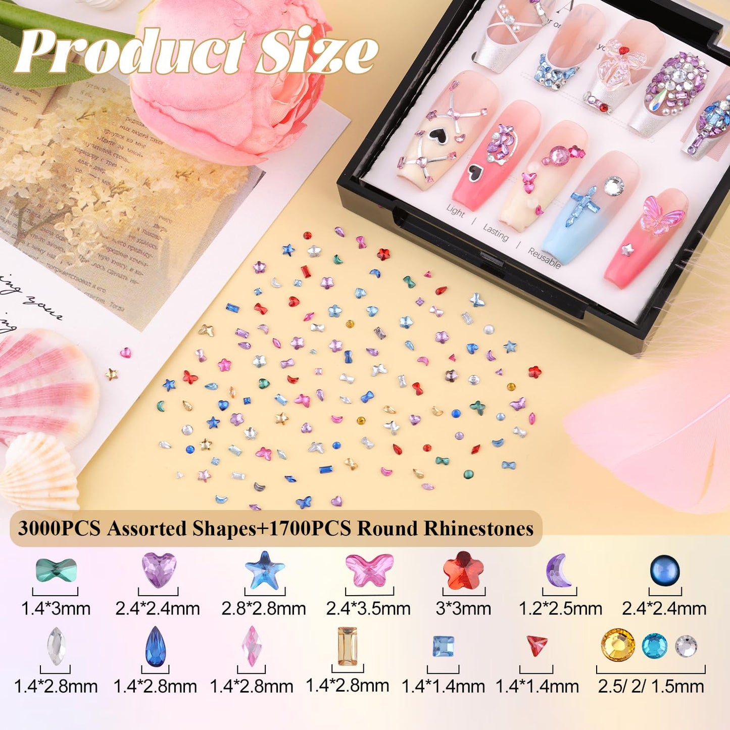4700 PCS Muliti-Shape Colorful Rhinestones for Nail Art, 1.2-3 MM Resin Flatback Bedazzling Gems Mini Flower Bow Heart Star Butterfly, Kawaii Women Rhinestone Kit with Tweezers and Pickup Pencil