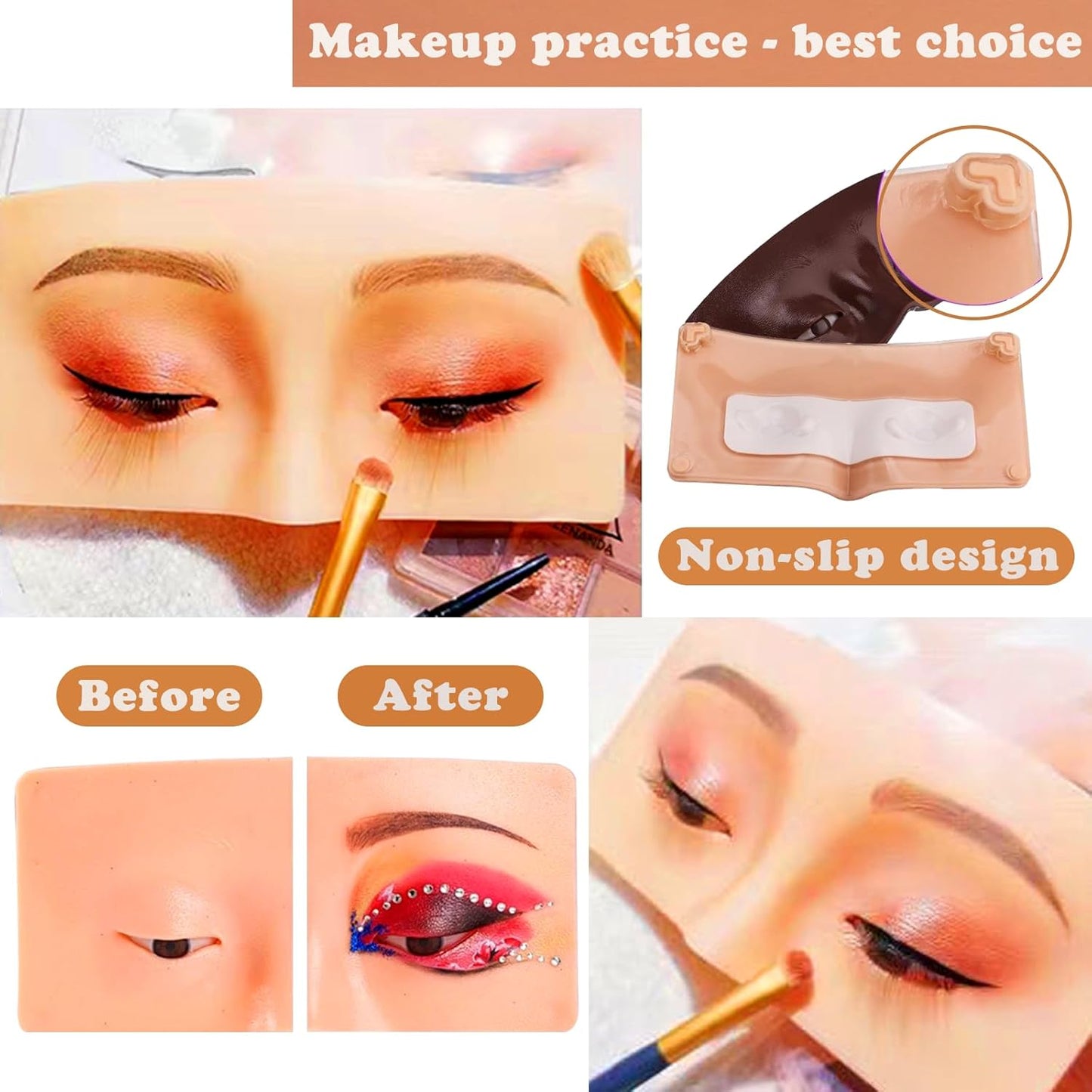 Makeup Practice Face Board, Silicone Makeup Mannequin Face for Makeup Artist Supplies, Mannequin Face for Makeup Practice with Makeup Brushes Rhinestones Sticker(Bright)