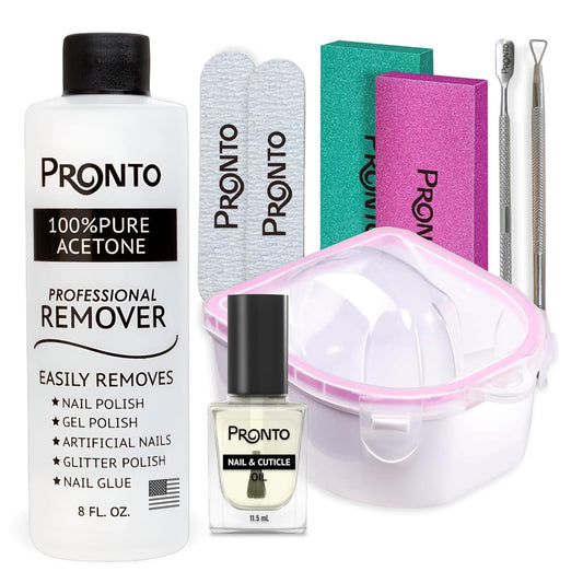 Pronto Gel Nail Polish Remover Kit – 8 Oz Pure Acetone 100 Percent, Nail File, Nail Polish Soak Off Bowl, Cuticle Oil for Nail Care + Manicure Set with Nail Buffer Block, Cuticle Pusher & Nail scraper