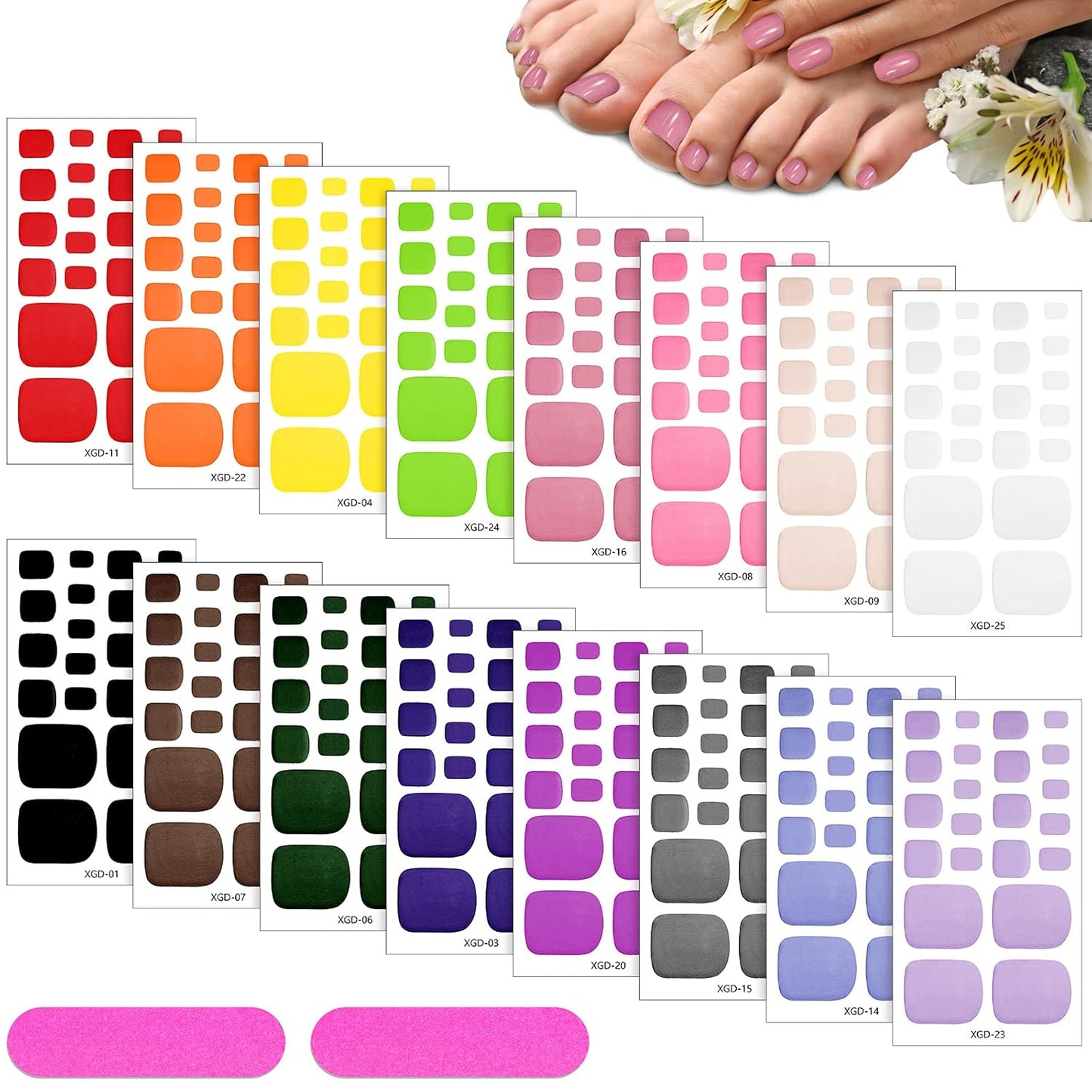 Maitys 352 Pieces 16 Sheets Toenail Polish Stickers Strips Adhesive Toe Nail Wraps Full Wraps Polish Strips DIY Manicure Decal with 2 Pieces Nail Files(Vibrant Color)