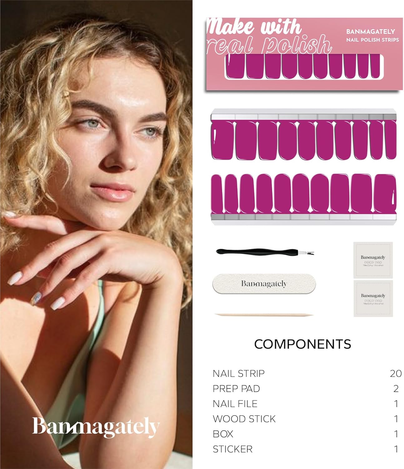 Nail Polish Strips, 20Pcs Salon Quality Gel Nail Stickers, Easy Long Lasting Wraps for Short Nails no UV Light Needed (Violet)