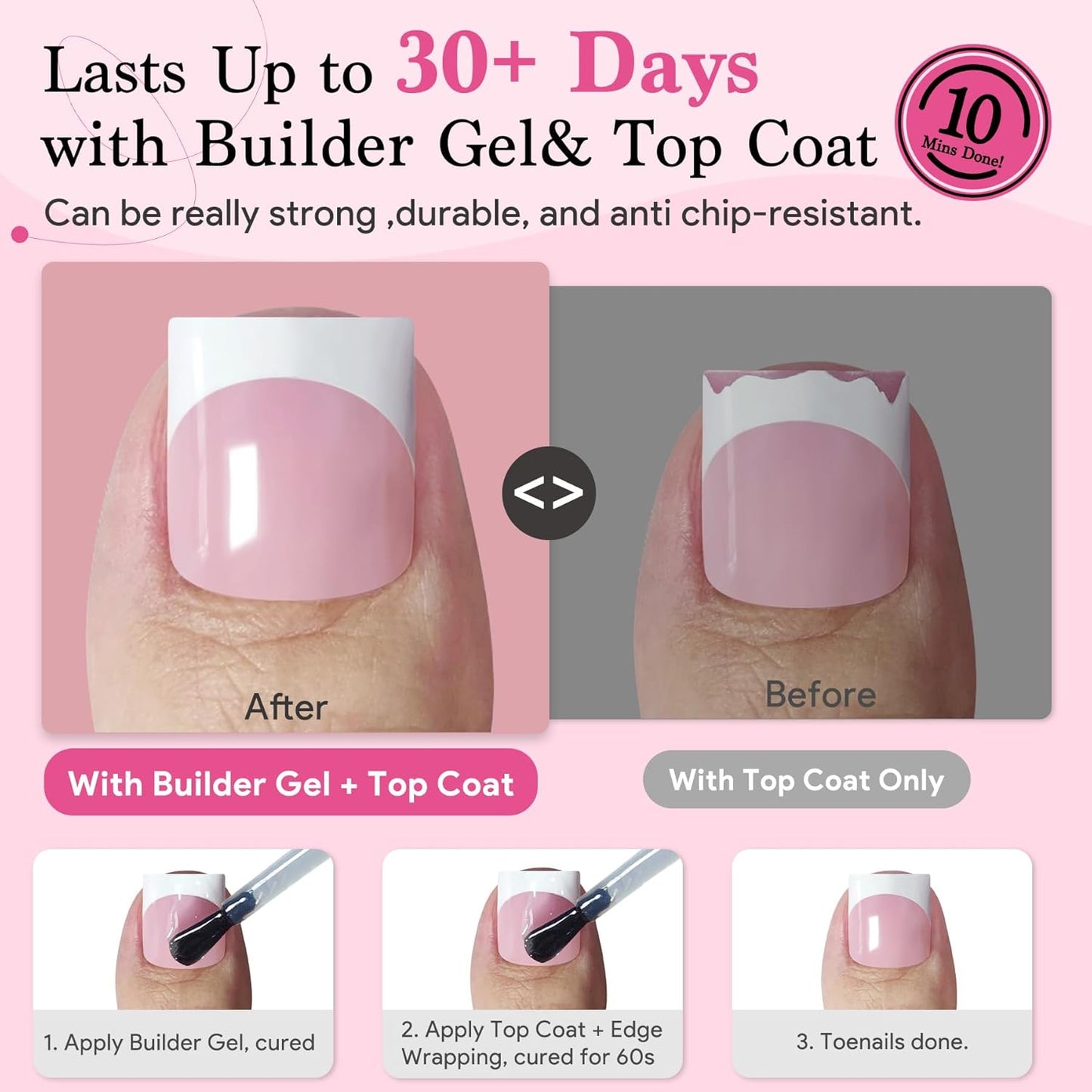 Press On Toenails for Women French Tips, Sharp Square Pre-applied Primer & Base Coat Toe Nail Press Ons Baby Pink Full Cover Fake Tips Extension 15 Sizes 270 Pcs, Builder Nail Gel & Top Coat Required