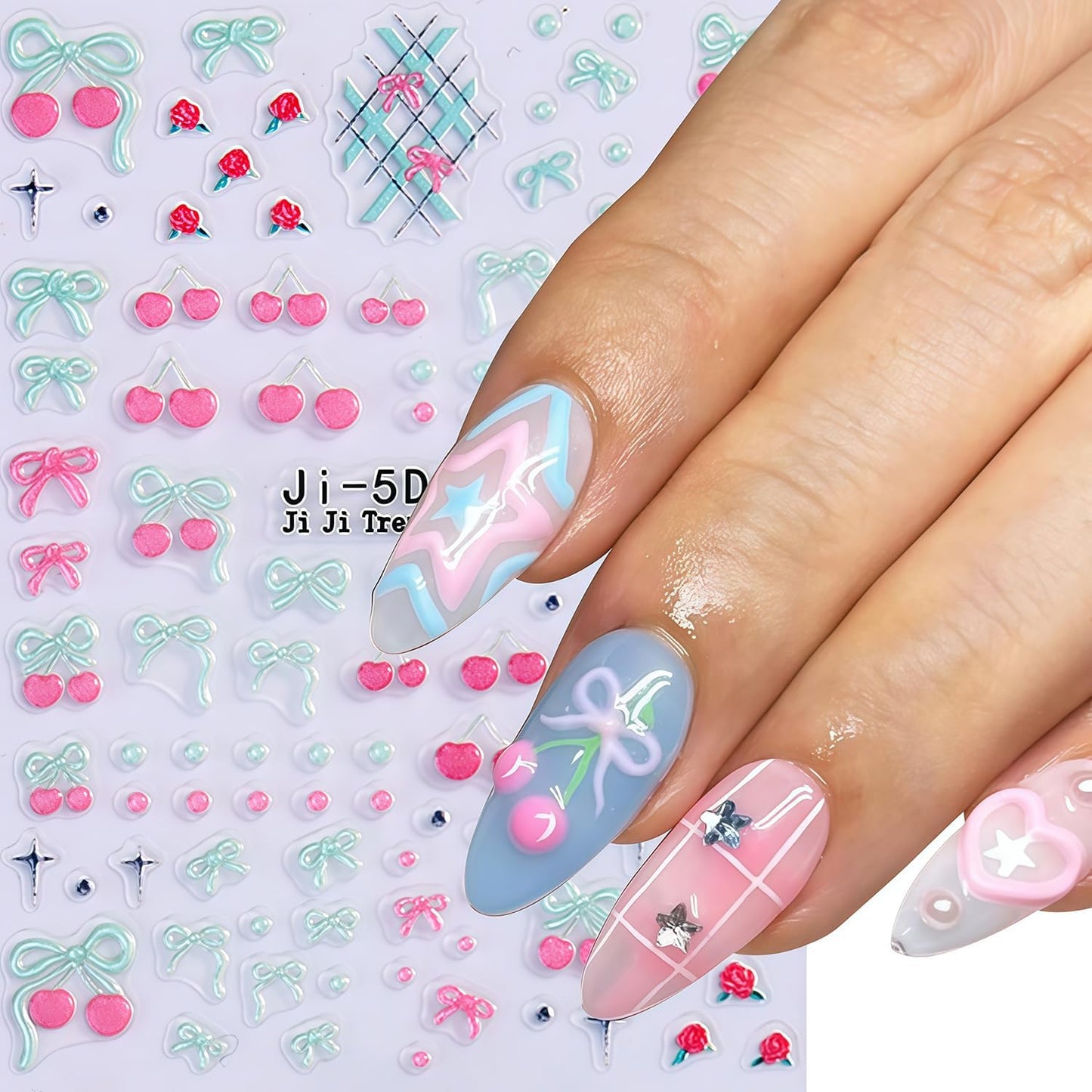 Summer Nail Stickers for Nail Art 5D Embossed Flower Butterfly Bow Heart Cherry Starfish Ocean Theme Style Design Stickers Beach Nail Decals Salon Manicure DIY Decoration Kit for Women Nails