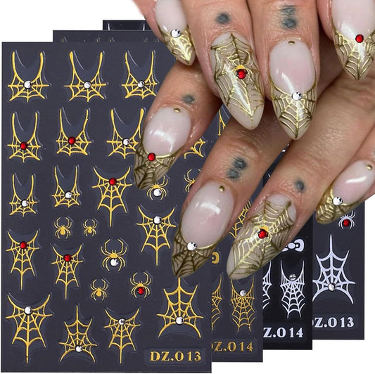 Spider Web Nail Stickers Halloween Nail Decals 3D Self Adhesive Nail Stickers for Nails Bow Heart Spider with Rhinestone Design White Gold Fall Nails Sticker for Women DIY Holiday Manicure 4 Sheet