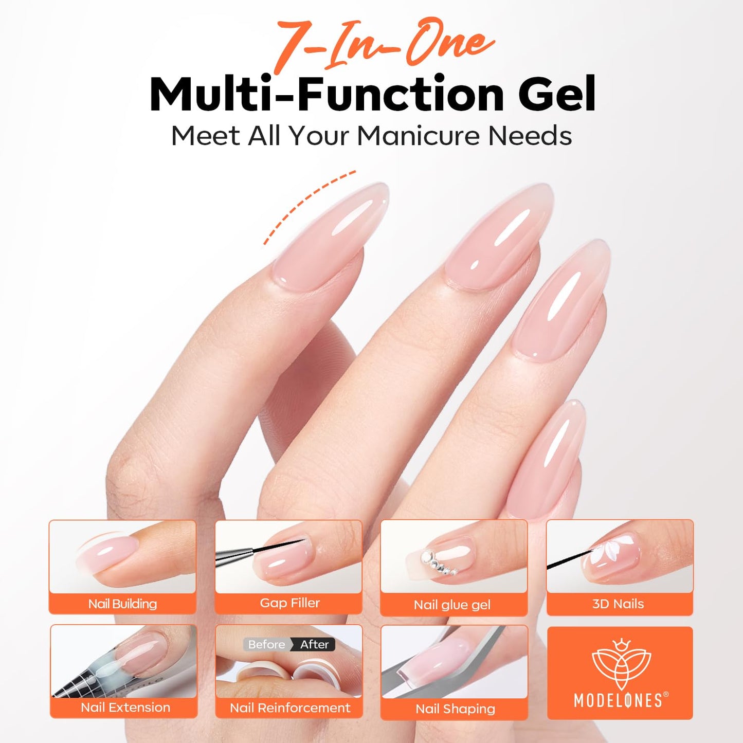 modelones Builder Nail Gel, 7-in-One Clear Builder Nail Polish with Detachable Liner Brush, 15ml LED Lamp Cured Rubber Base Gel Polish Strengthener Color Base Coat Thickening Solution