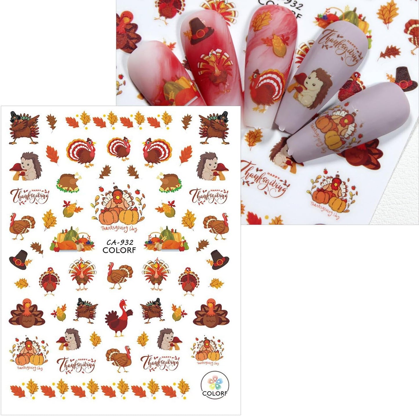 Fall Nail Art Stickers Thanksgiving Day Turkey Pumpkin Nail Decals 3D Self-Adhesive Holiday Maple Leaf for DIY Autumn Party Nail Supplies Decoration 8 Sheets