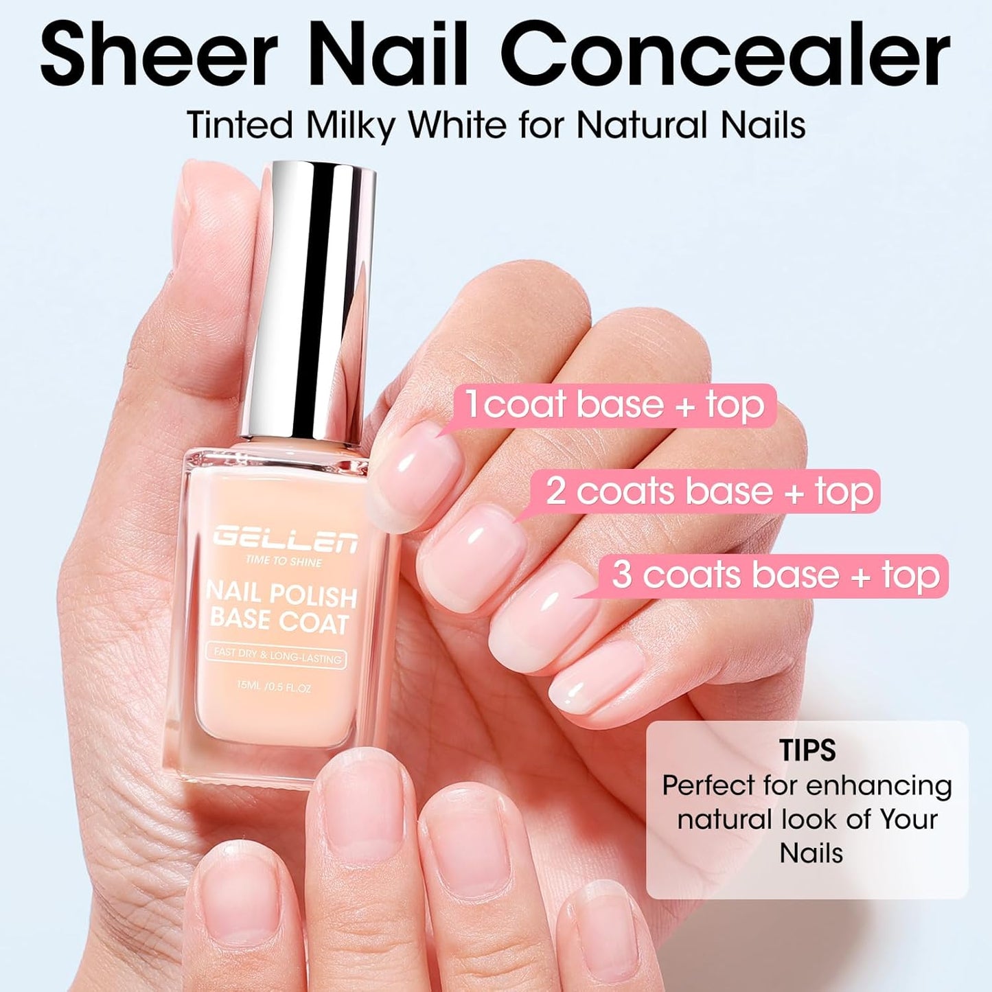 GELLEN 4‑in‑1 Clear Nail Polish Base Coat Sheer Tinted Cream Milky, Ridge Filler For Nails, Nail Strengthener Concealer, Calcium Formula Smoothes Strengthens Nails, Enhances Natural Look, HEMA Free