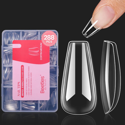 Beetles Gel Nail Tips Easy Nail Extension Pre-shaped Medium Coffin Nail Tips 12 Sizes 288Pcs Gelly Tips Clear Press on Nail Tips Full Cover False Nails Gifts for Girls Women