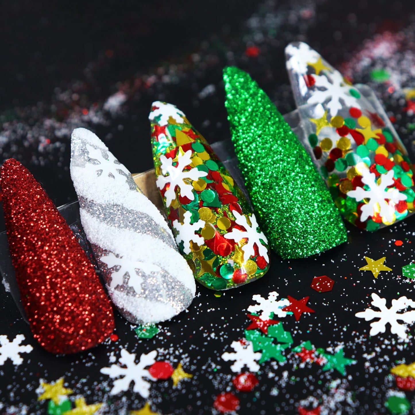 Snowflake Nail Art Glitter Christmas Nail Sequins Flakes, 3 Colors Manicure fine Glitter Powder, 3D Holographic White Green Red Winter Nail Stickers Decals Supplies Nail Charms for Women Girls 6 Box