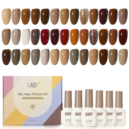 GAOY 42 Pcs Gel Nail Polish Kit, Fall Brown Red Glitter Colors Gel Nail Polish Set with Glossy & Matte Top Coat and Base Coat for Salon and DIY Manicure at Home