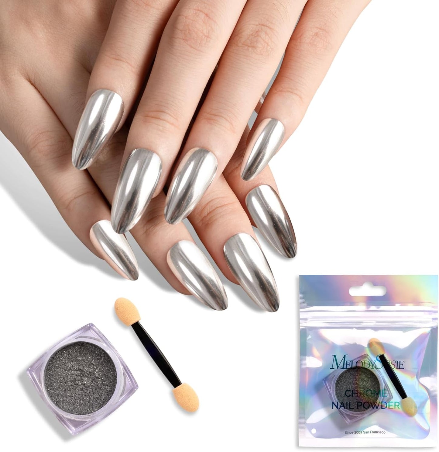 MelodySusie Sliver Chrome Nail Powder for Gel Nails,Metallic Mirror Effect Pigment Stylish and Technological Silver Fine Glitter for Home DIY Salon Use