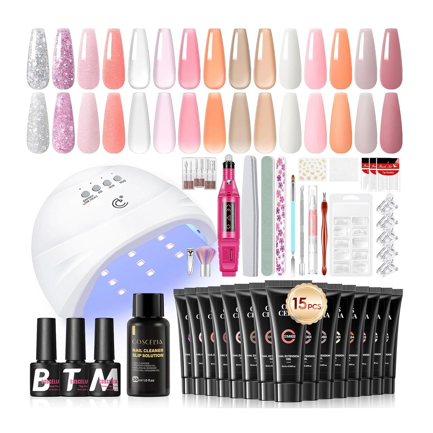 COSCELIA 41pcs Poly Nail Gel Kit Starter Kit with U V Light and Drill, 15 Colors 16ML Nail Extension Gel for Beginners with Everything Fall Colors Professional Nail Lamp DIY Gifts for Women