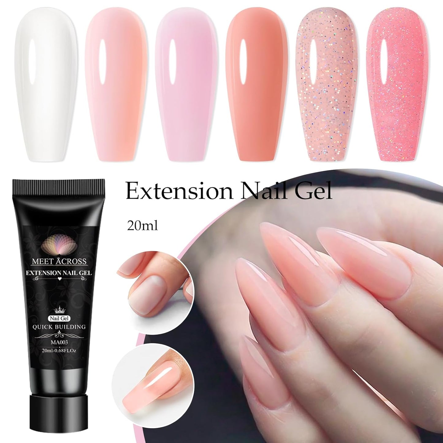 MEET ACROSS Poly Extension Gel Kit - 6 Colors All Season Nude Glitter Pink Sheer Poly Nail Gel Kit Strong Builder for Nail Art Extension Builder Gel Home Nail Salon Gift for Women