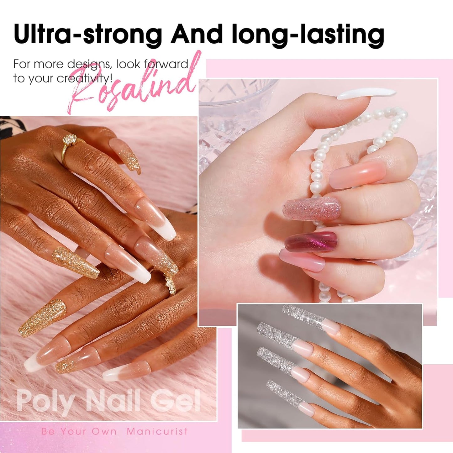 ROSALIND Poly Nail Gel Kit -12 Colors + Nail Art Accessories kit Clear Nude Poly Nails Gel Kit Starter Kit With Slip Solution Pro Nude Pink Nail Extensions Gel Set with Mini UV Lamp