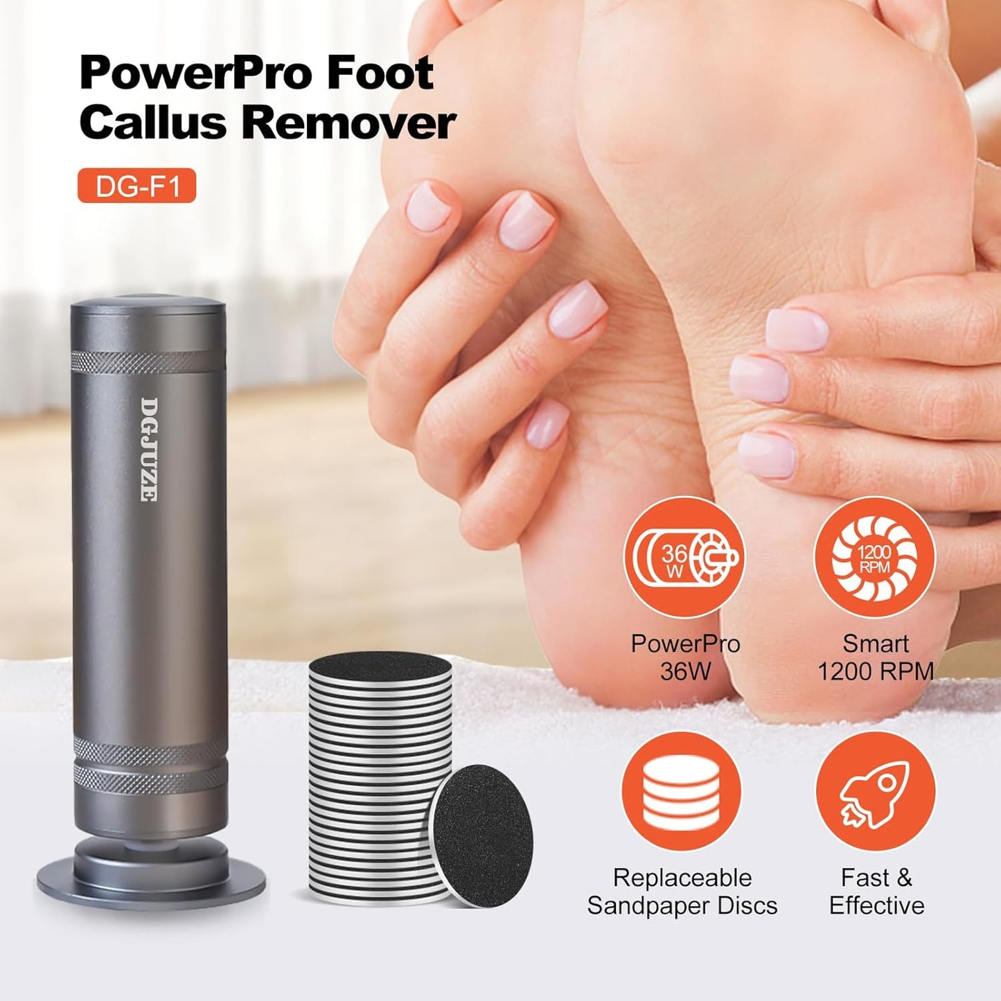 PowerPro Electric Foot Callus Remover,36W Professional 1200rpm Adjustable Speed Metal Body Heavy Duty Grinder for Dead Skin,Automatic Foot Sander with 60pcs Sandpaper Pads(Grey)