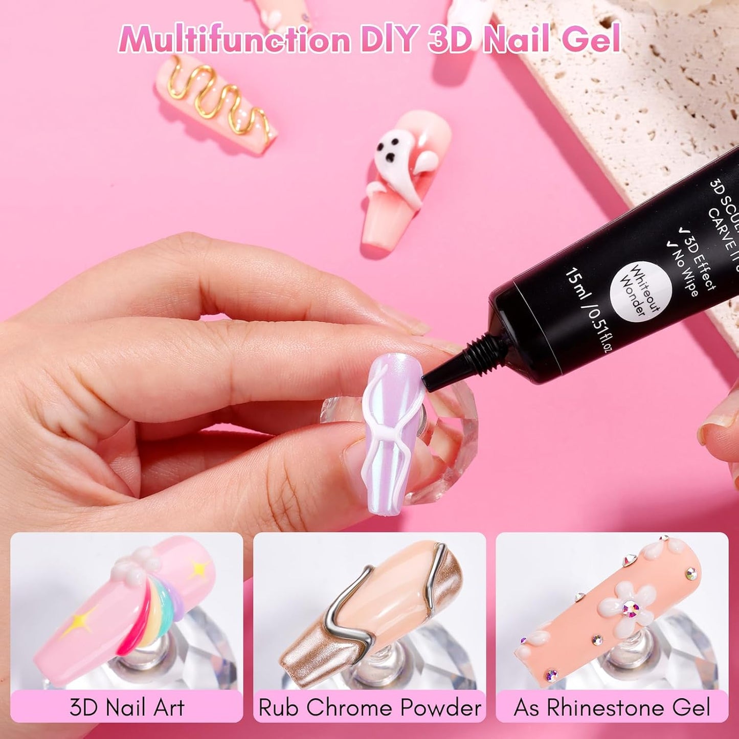 Makartt 3D Nail Gel for Nail Art: No Wipe 15g White Sculpting Molding Candy Craving Gel Polish Rhinestone Nails Charm Glue Decoration Manicure Designs (Whiteout Wonder)