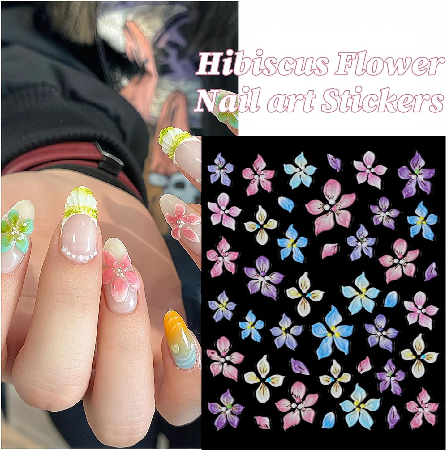 Hawaii Flower Nail Stickers 6 Sheets 5D Embossed Floral Nail Decals Pink Blue Hibiscus Nail Art Stickers for Women DIY Manicure Supplies Decorations