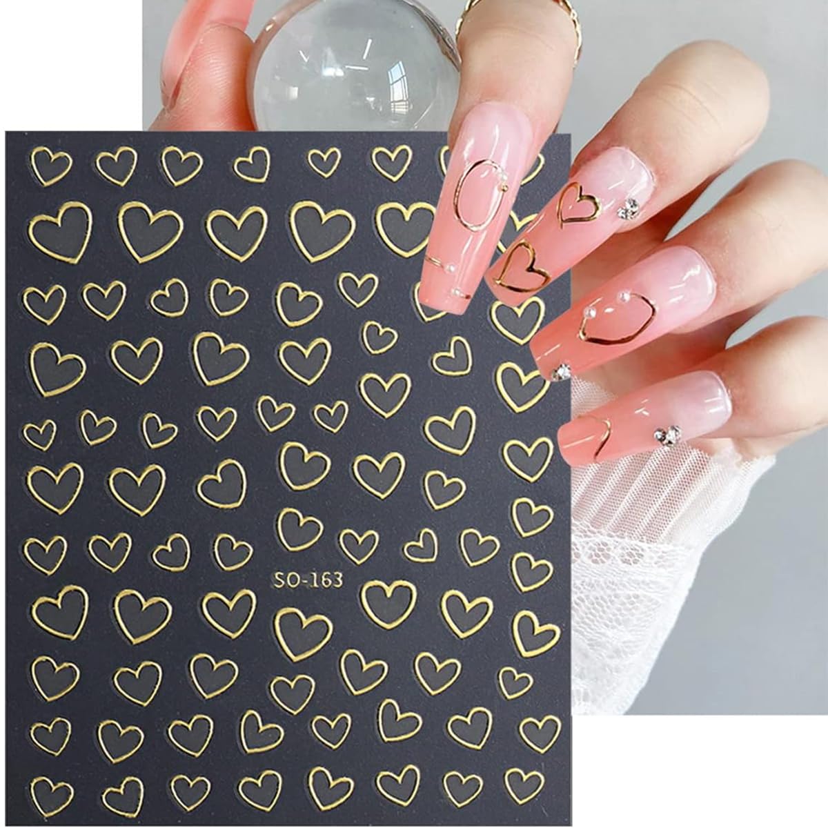 Valentines Day Nail Decals - 8 Sheets 3D Metallic Heart Charms Gold Silver Nail Art Stickers for Women DIY Manicure