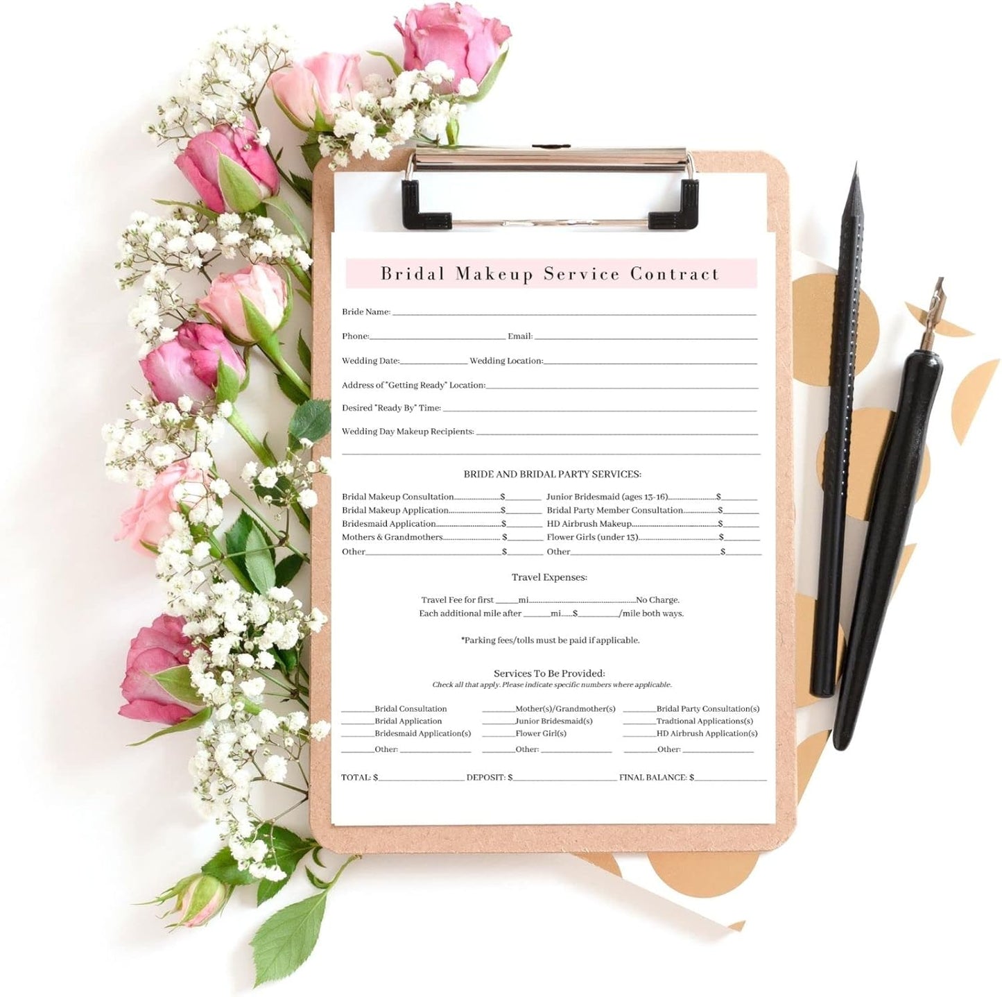 Bridal Makeup Service Contract | 100 Pack | 8.5 x 11" A1 Forms | Makeup Artist Supplies | Bridal Contract | White and Pink Forms