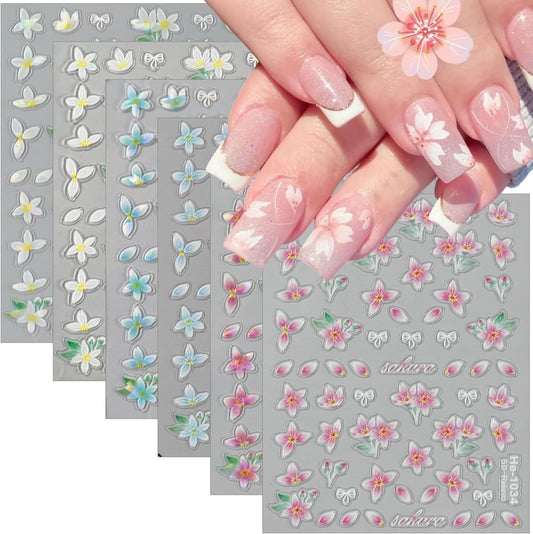Flower Nail Art Stickers Decals Spring Relief Lily Floral Nail Decals Pink White Blue Self-Adhesive Design Flowers Nails Stickers 5D Embossed Nail Art Supplies for Women Girls Summer Nail Decorations