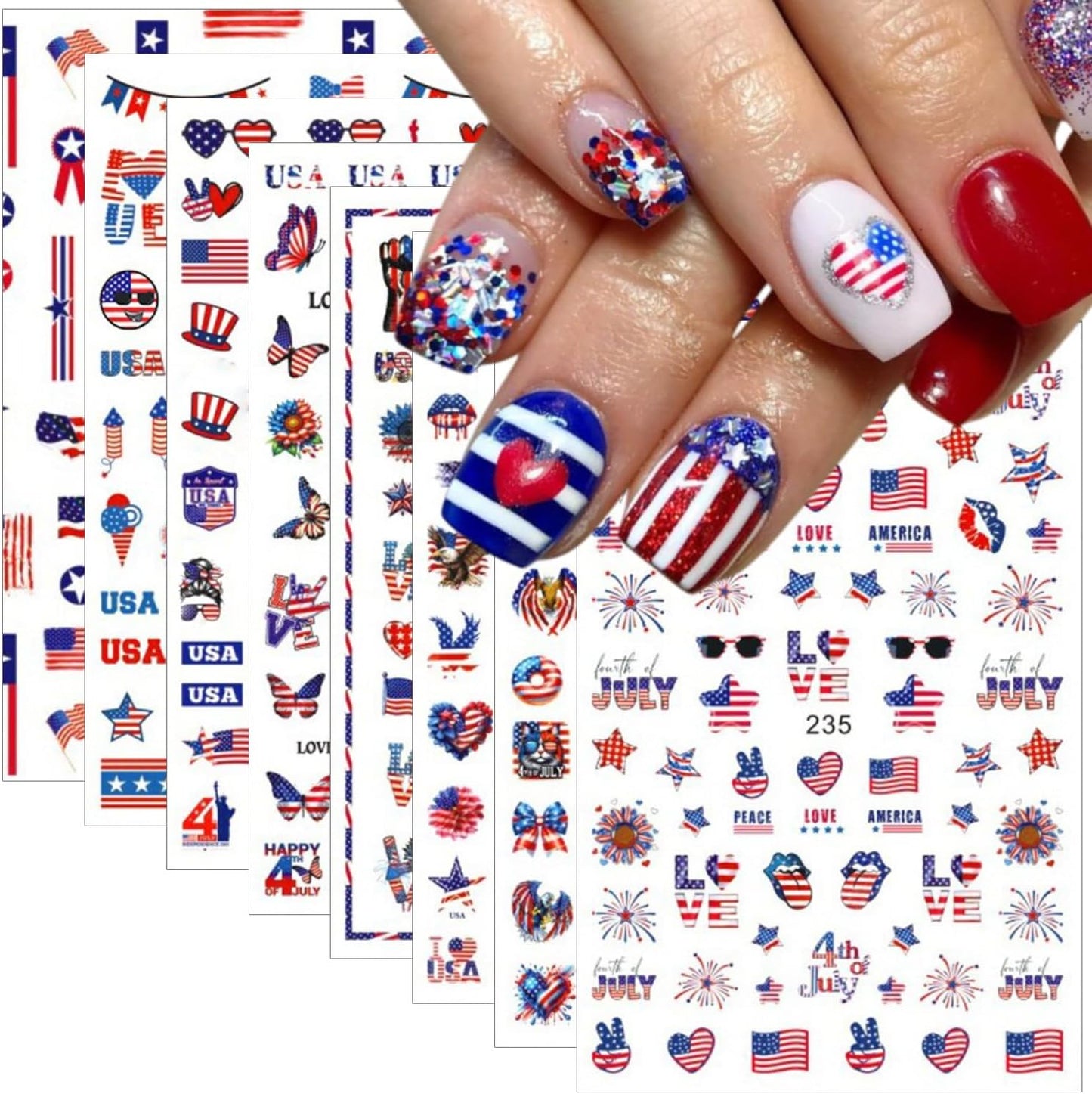 8 Sheets 4th of July Nail Art Stickers Independence Day Decals 3D Self-Adhesive Nail Design USA Flag Heart Letters Fireworks Star Nail Supplies Fireworks 4th of July Nails Stickers for Women Girls DIY