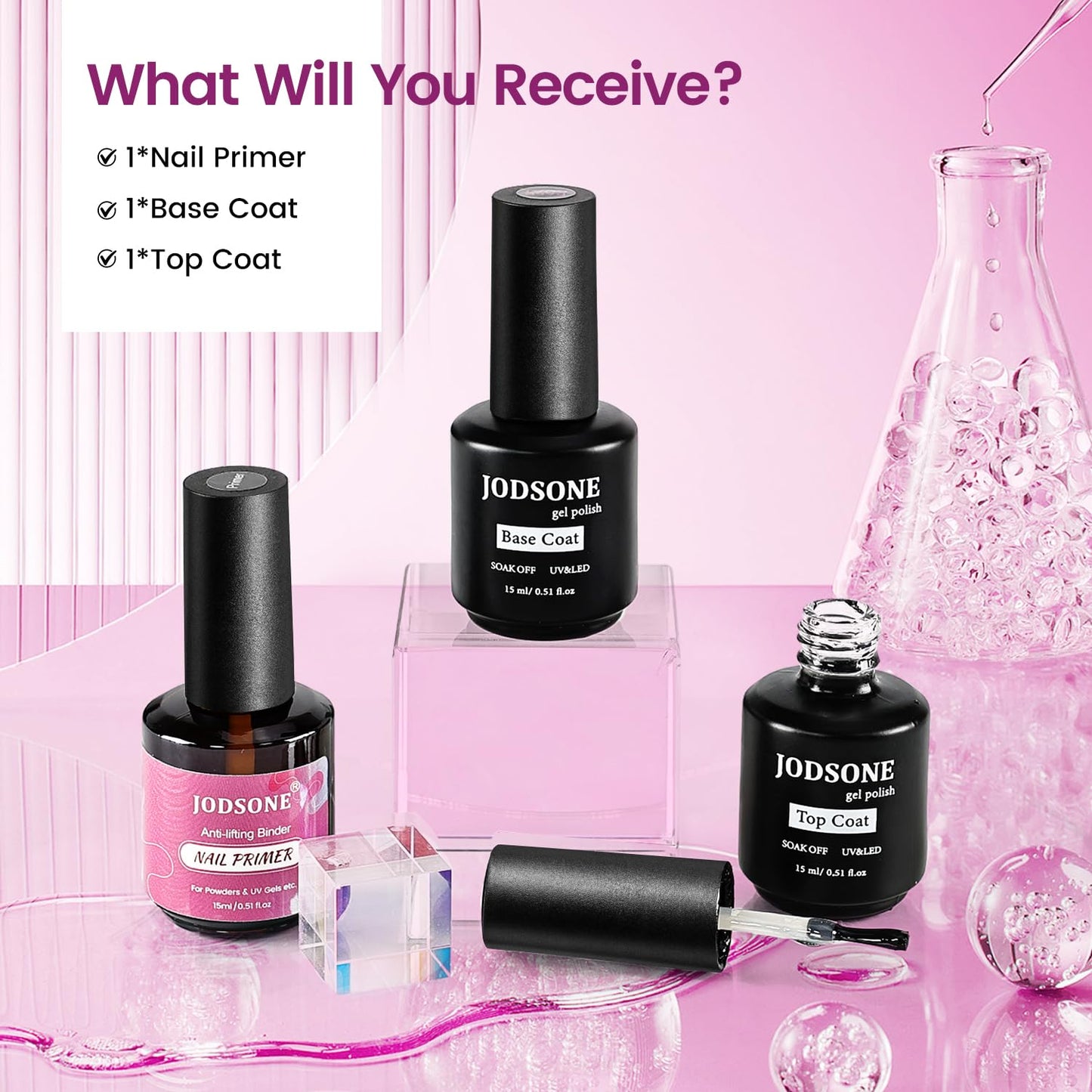 JODSONE 3 PCS Nail Primer Base Coat Top Coat with a capacity of 15ml Quick Curing Long Lasting