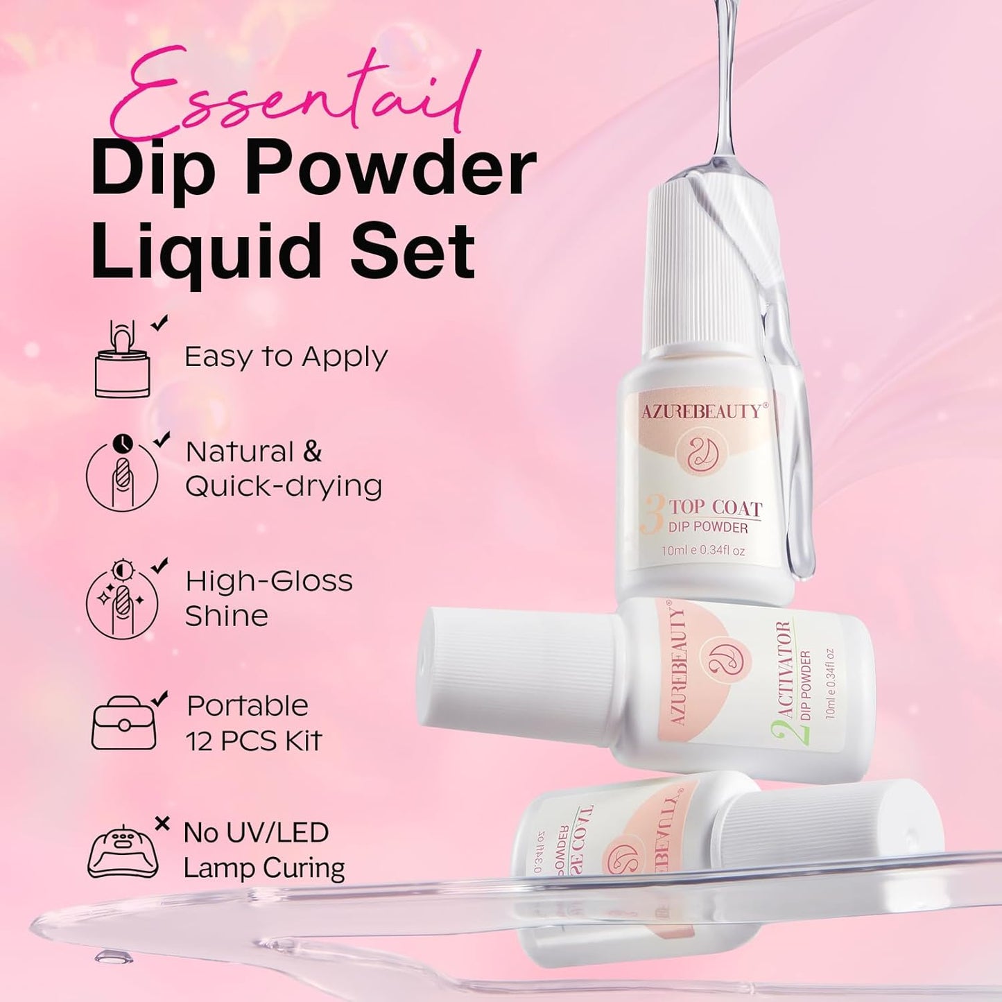 AZUREBEAUTY Dip Powder Nail Kit Starter, Light/Hot Pink Clear White Summer 4 Colors Acrylic Dipping Powder Liquid Set with Base/Top Coat Activator for French Nail Art Manicure DIY Gifts for Women