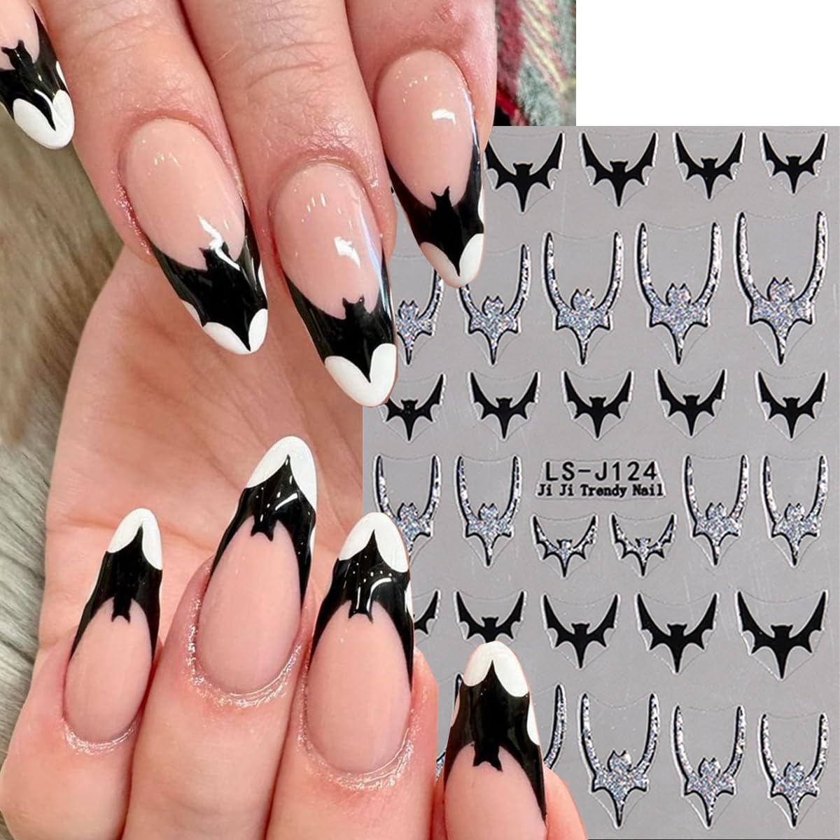 Halloween Nail Stickers Spider Nail Decals Ghost Nail Art Stickers Glitter Spider Web Bat Black Silver Design Bat French Tips Self Adhesive Nail Sticker for Nail Art Manicure Accessories 6Sheets