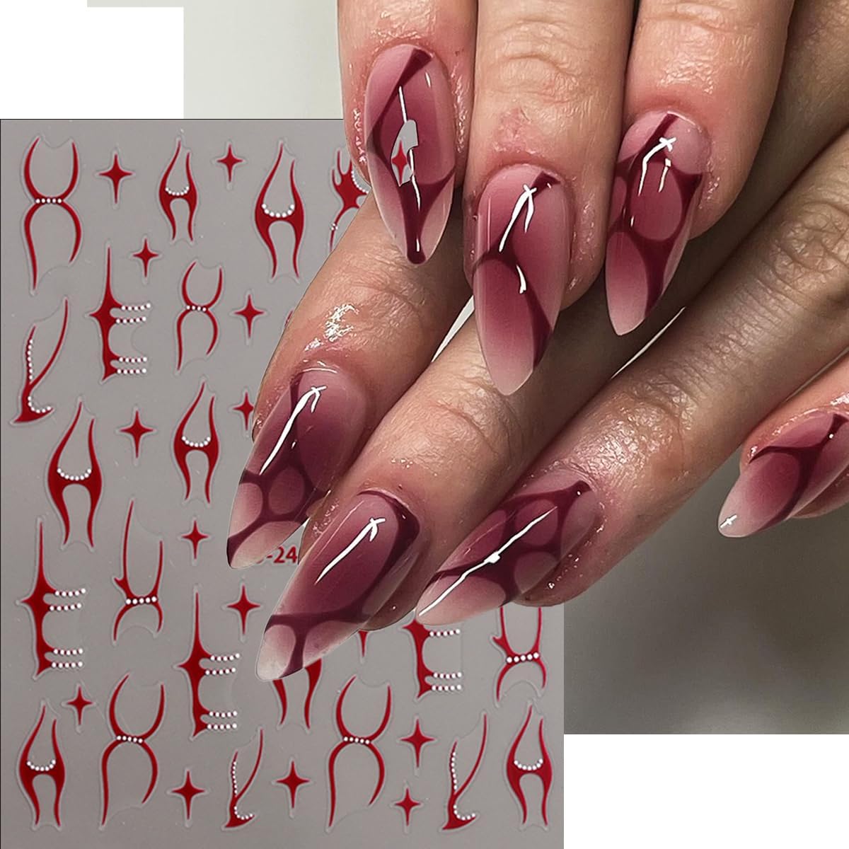 3D Nail Stickers Geometric Nail Art Stickers Fishbone Line Nail Decals Red Gold Black Silver White Irregular Line Mixed Star Design Gothic Nail Sticker for Nail Art Decor Manicure for Women 6Sheets