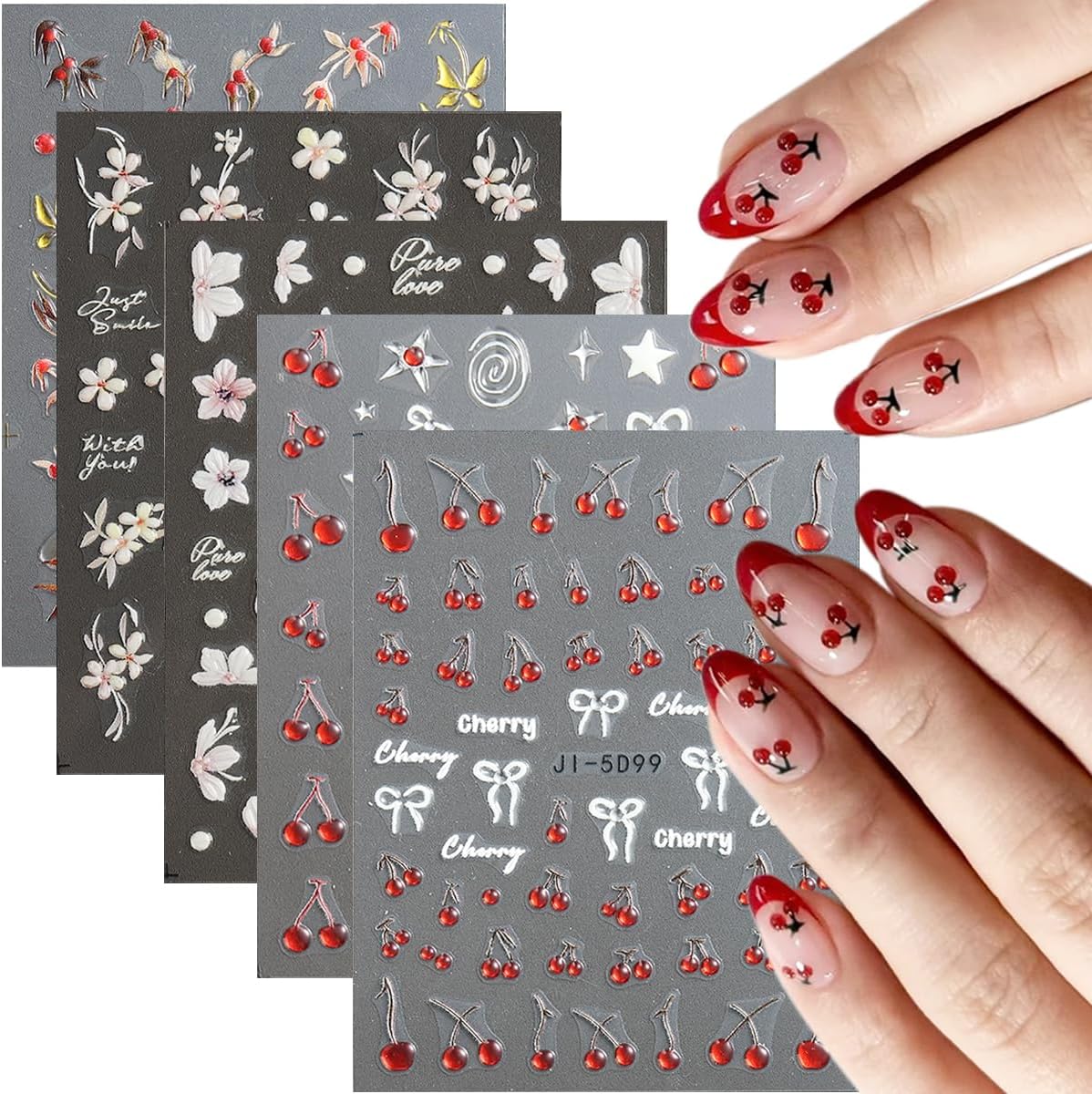 Cherry Nail Stickers 5 Sheets Cherry Blossom Nail Decals Spring Summer Fruits Nail Decoration 5D Embossed Stickers for Nail Art Bows Stars Butterfly Flowers Nail Stickers Manicure Supplies
