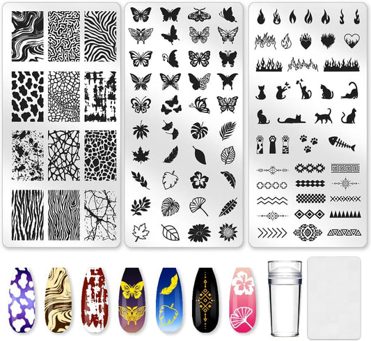 3Pcs Nail Stamping Plate Set Cat Butterfly Nail Stamping Templates French Line Tip Nail Plates Flames Leaves Stainless Steel DIY Reusable Tools with Stamper Scraper for Manicure Printing