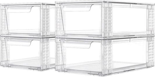 4 Pack Clear Stackable Storage Drawers, 3.95" H Easily Assemble Acrylic Organizer Bins - Multi-Use for Make up, Closet, Pantry, Bathroom, Medicine, Kitchen Cabinet & Undersink Organization