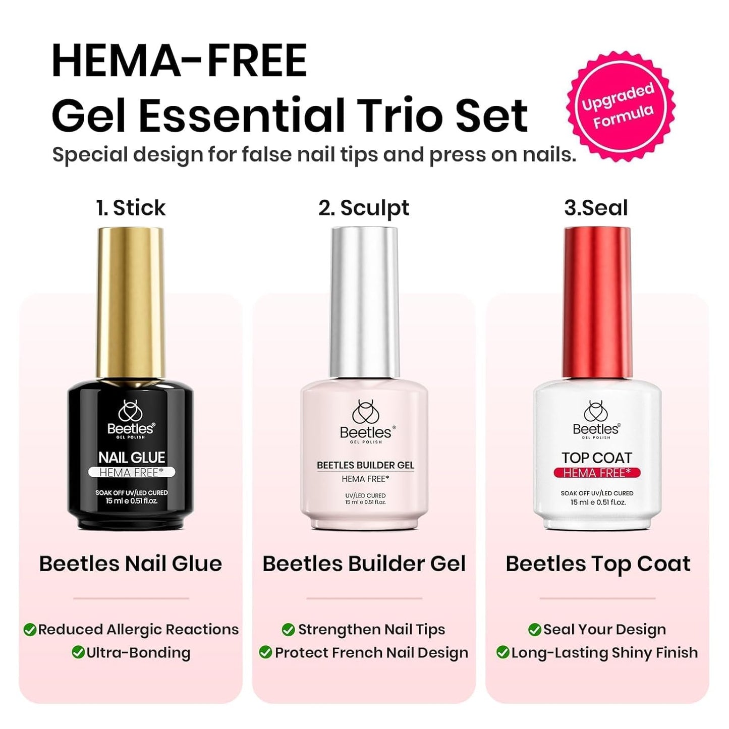 Beetles 4Pcs HEMA-Free Nail Extension Kit, 15ml Gel Nail Glue, No Wipe Top Coat, Builder Nail Gel & Liner Brush, Long Lasting for Clear Press-On Nails, DIY Home Gift for Women, U V Light Required