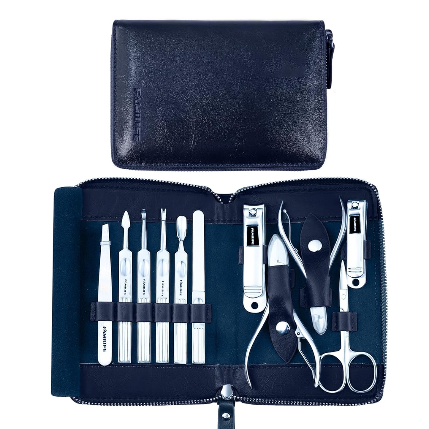 Manicure Kit, FAMILIFE Professional Manicure Set Nail Kit, 11 in 1 Stainless Steel Nail Clippers Set for Men Pedicure Kit, Men Grooming Kit with Portable Blue Leather Travel Case Luxury Gifts for Him